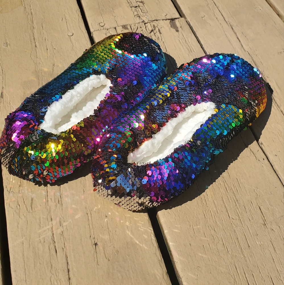 women's ranbow/silver flip sequin slippers